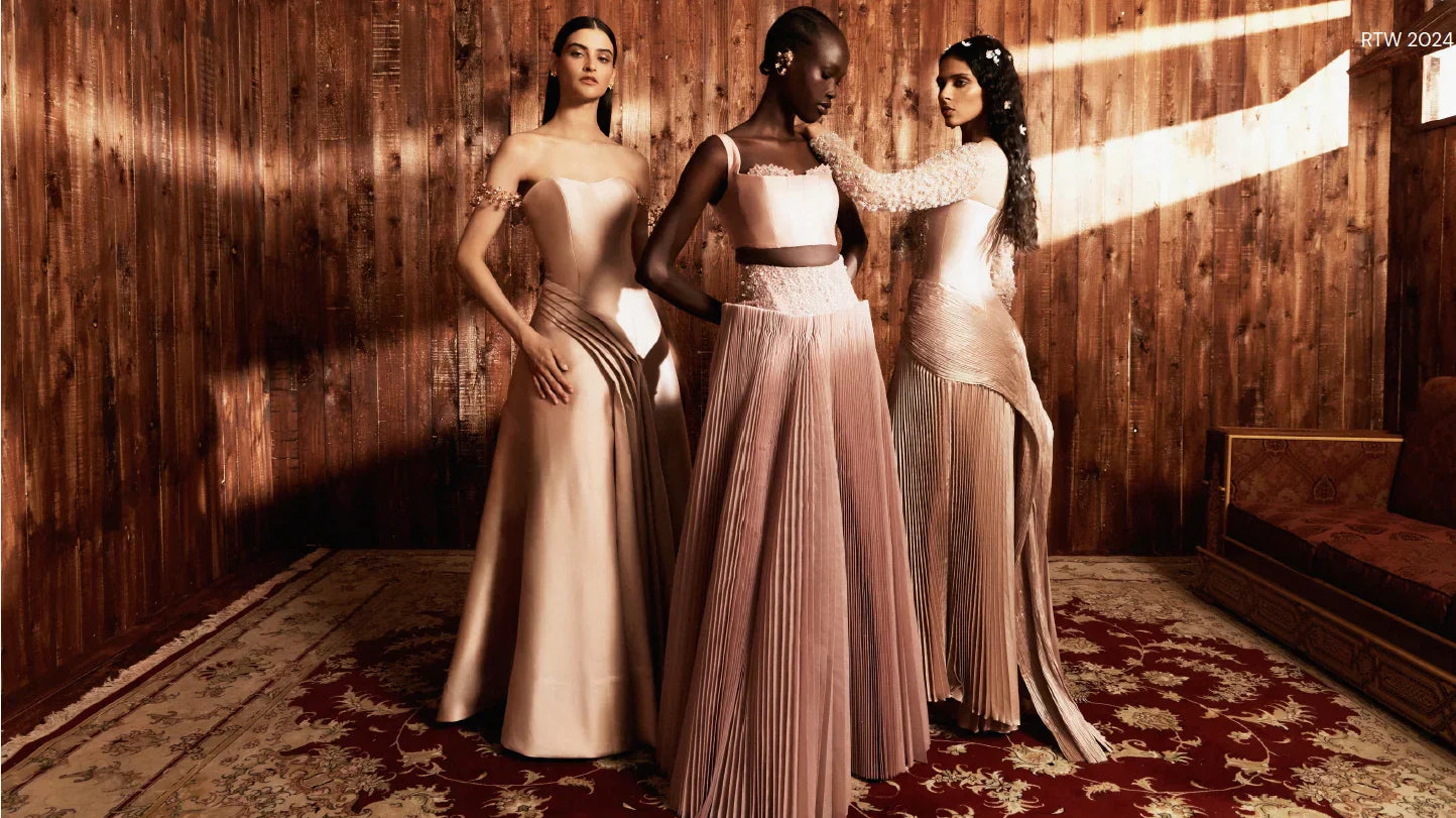 Luxury ivory evening gown on model