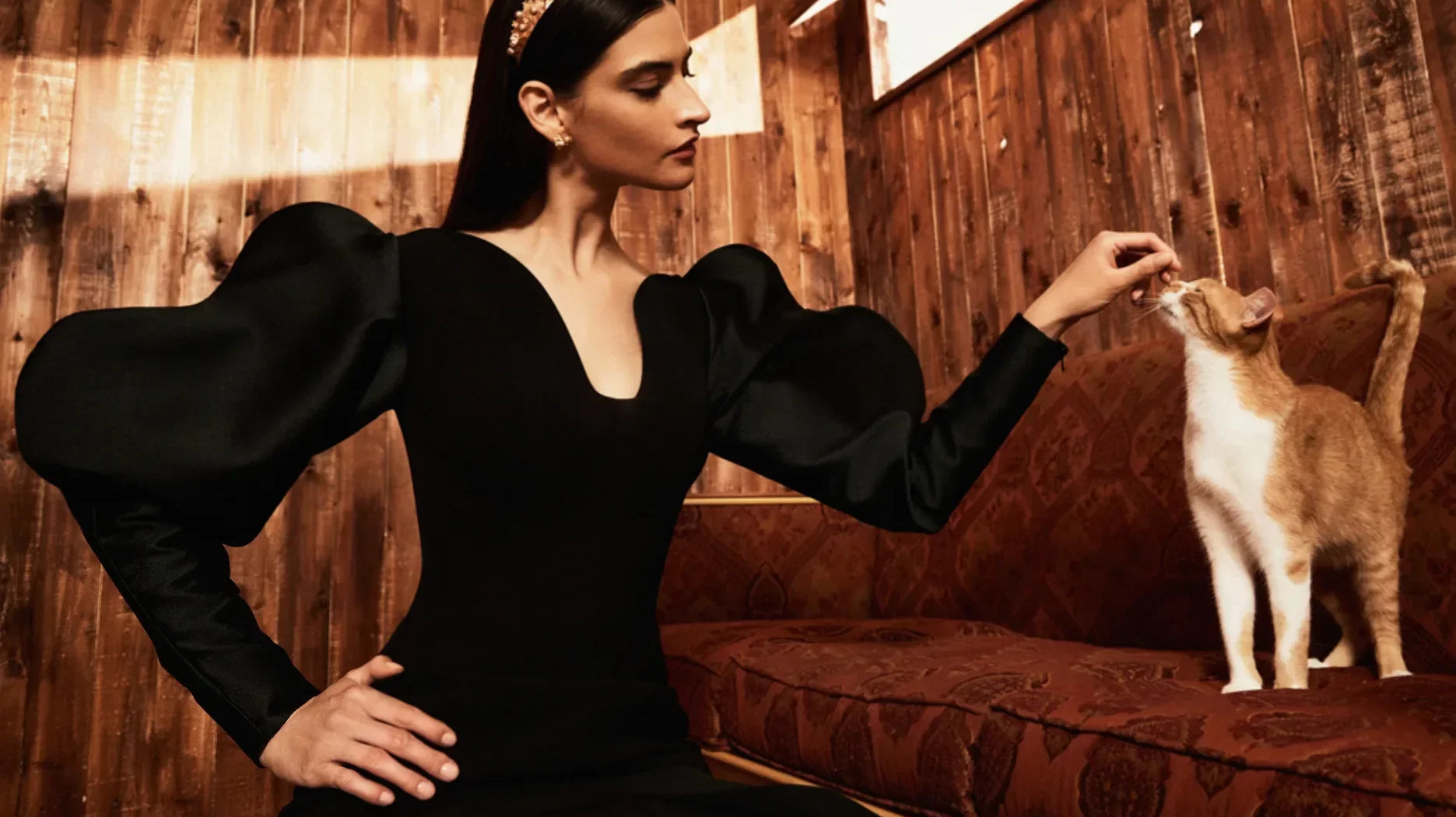 Luxury ivory evening gown on model