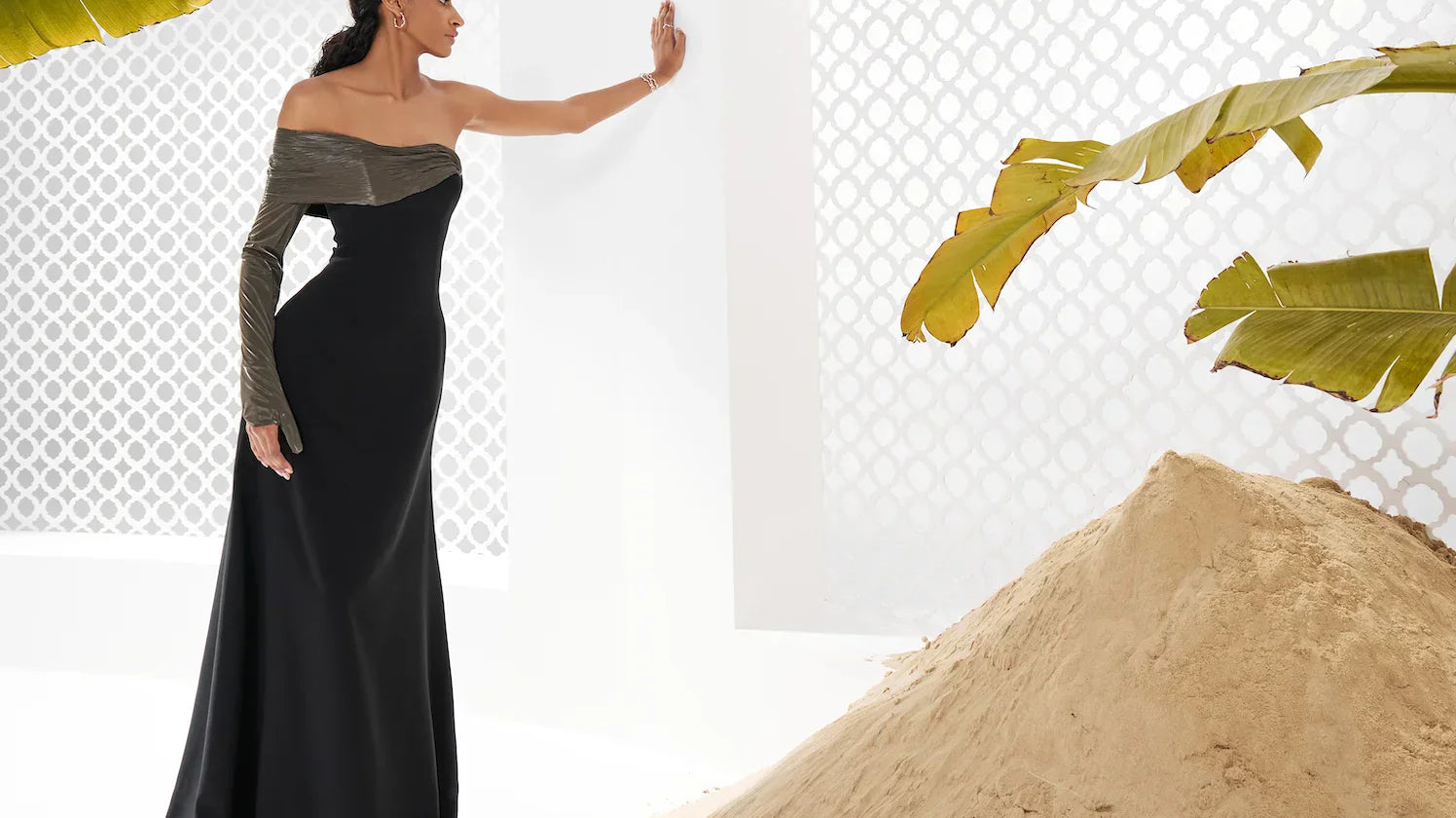 Luxury ivory evening gown on model