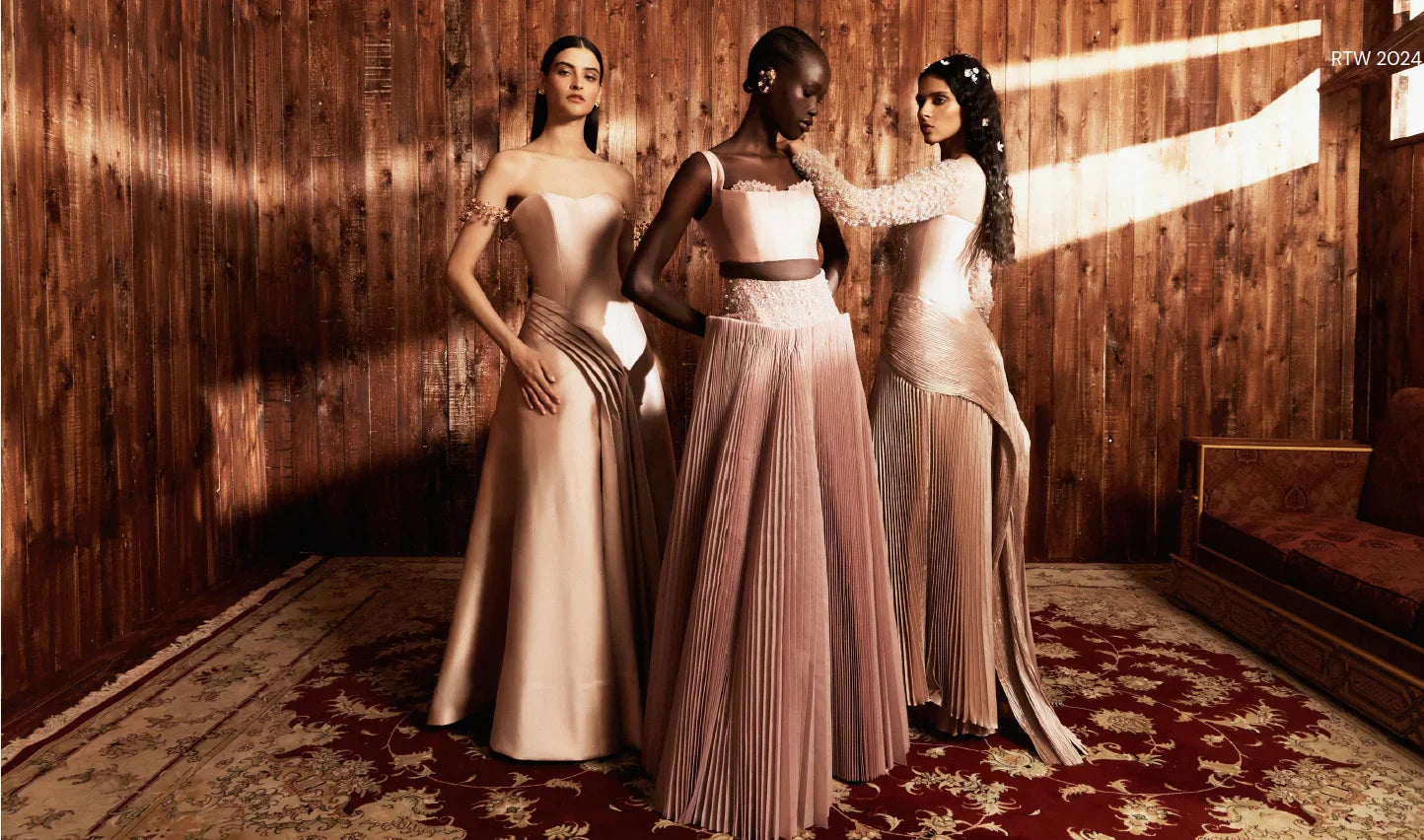 Luxury ivory evening gown on model