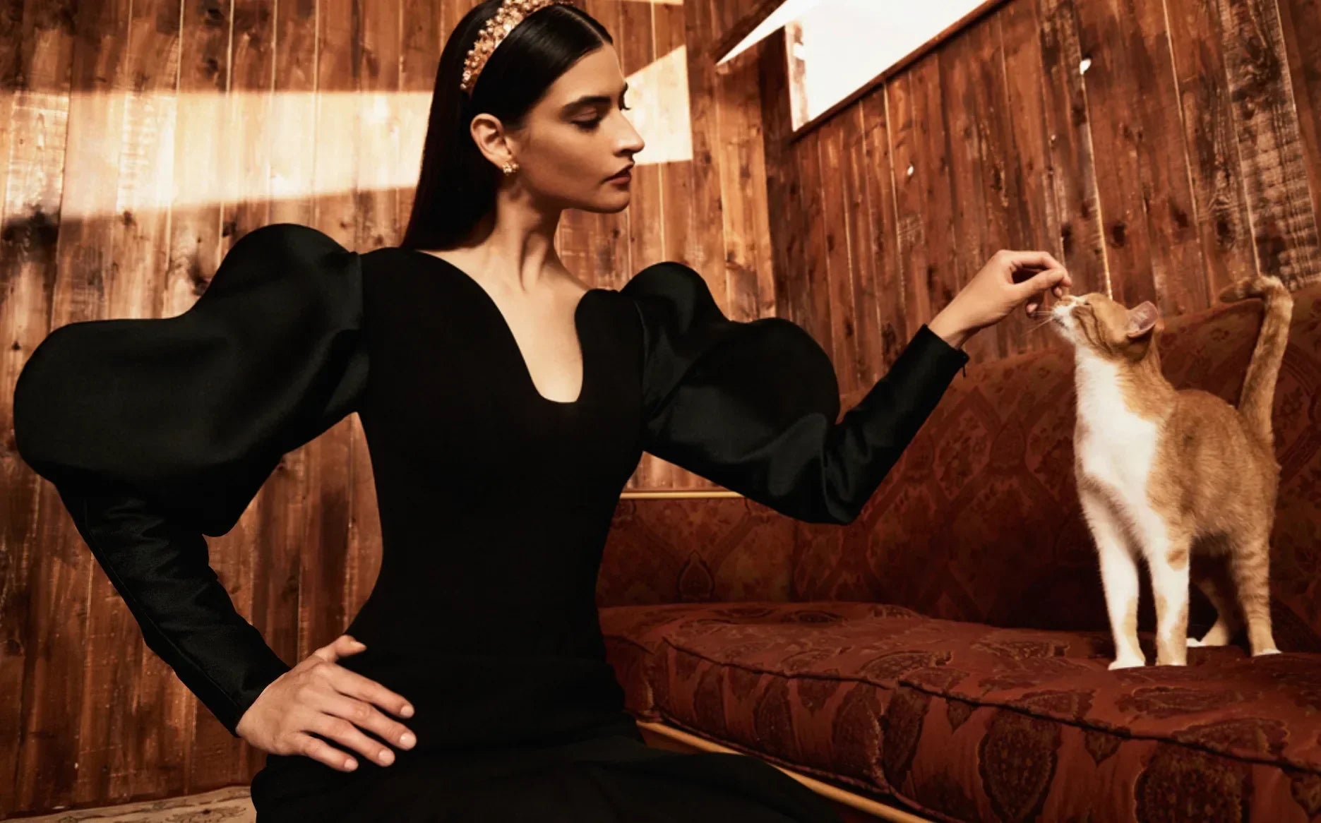 Luxury ivory evening gown on model