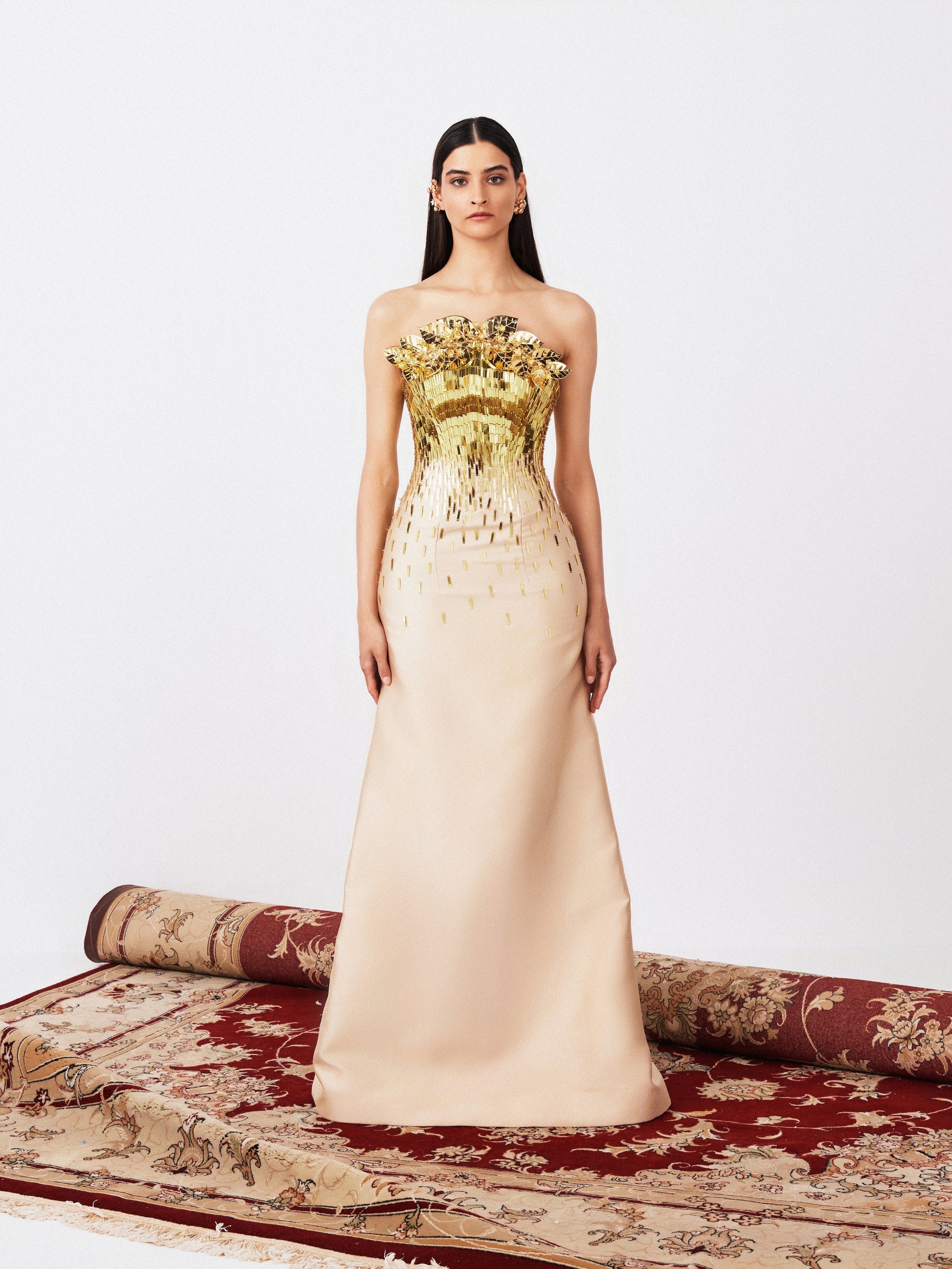 green emerald velvet dress Strapless Semi-Couture Textured Mikado Gown With Scattered Gold Sequen –  Maryam Omaira AE